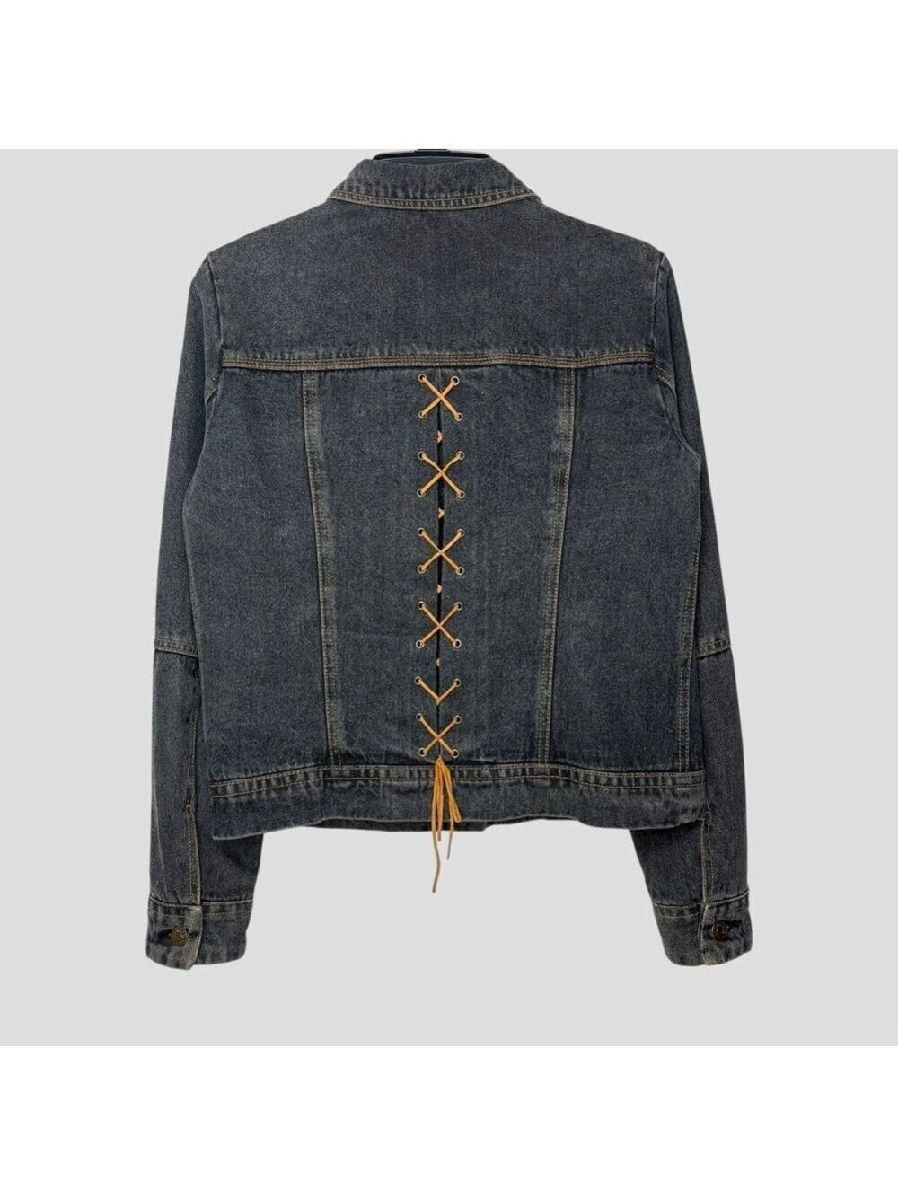 90s Gray Denim Jacket M Lace Up Corset Back Whimsigoth Grunge Steampunk Y2K